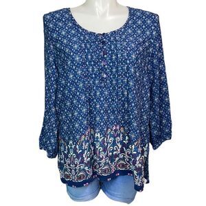 Avenue Lightweight Rayon Blue Printed Flowy 5 Button Shirt Plus Size 18/20
